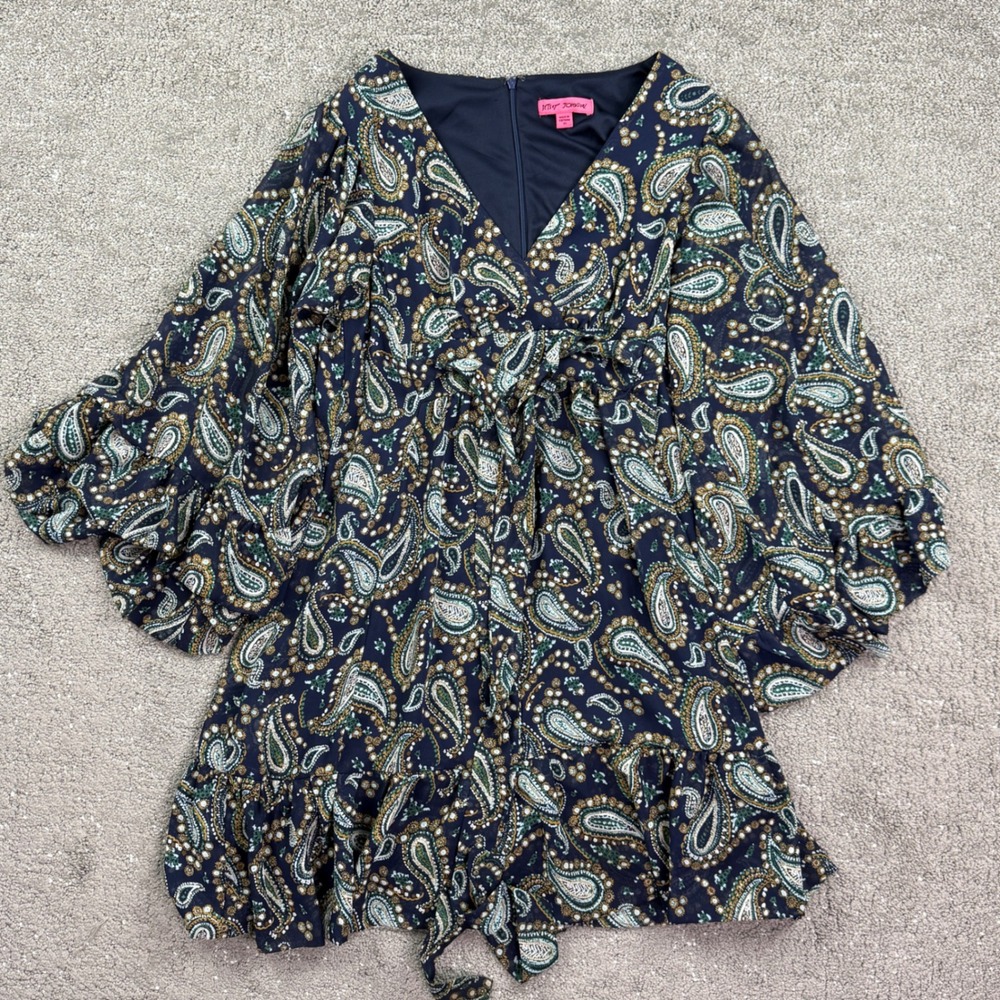 Betsey Johnson Dress Womens 10 Blue Paisley Bell Sleeve Ruffle Boho Mini